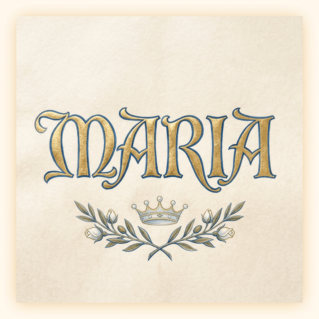 “Maria” in ornate gold lettering with a crown and floral laurel